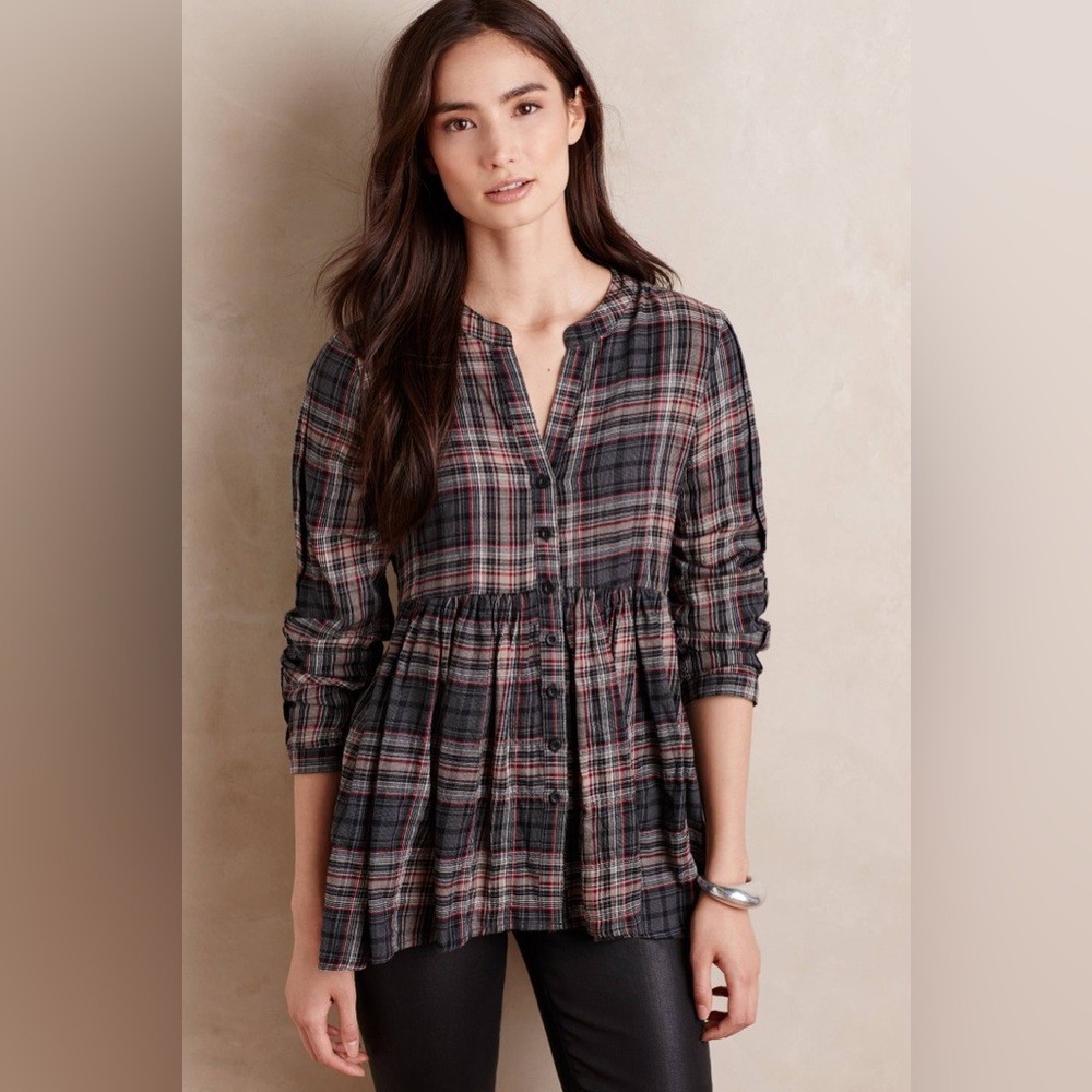 Anthropologie | Tylho Plaid Button-Front Peplum Blouse S